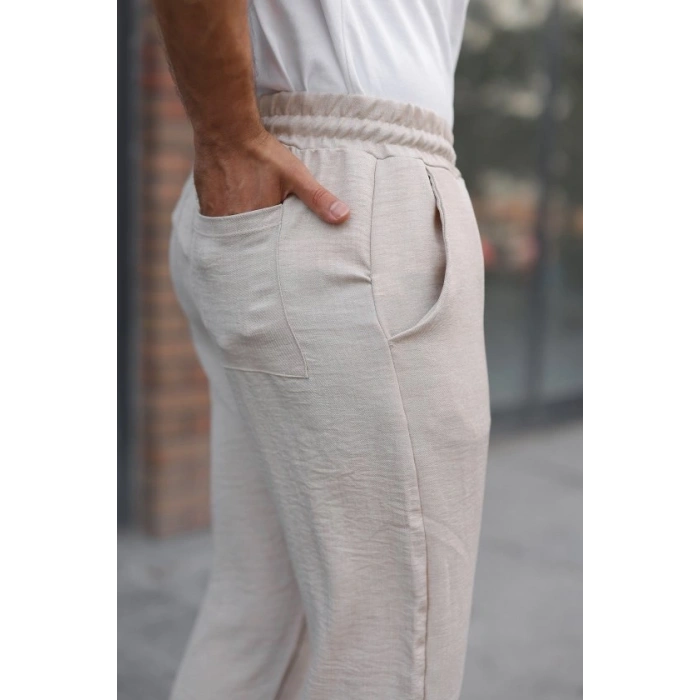 Erkek Beli Lastikli Pera Keten Pantolon