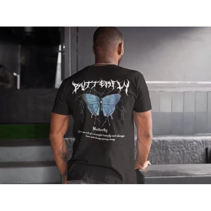 Erkek Bisiklet Yaka Baskılı Oversize T-Shirt - Siyah