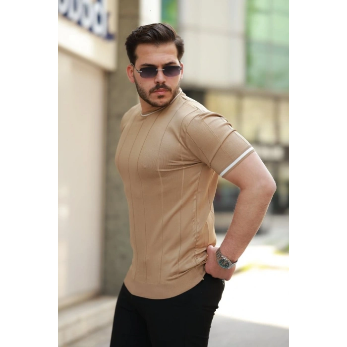 Erkek Bisiklet Yaka çizgi Desenli Ribanalı Kısa Kollu Tshirt