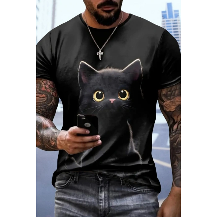 Erkek Bisiklet Yaka Kedi Baskılı Süprem T-shirt