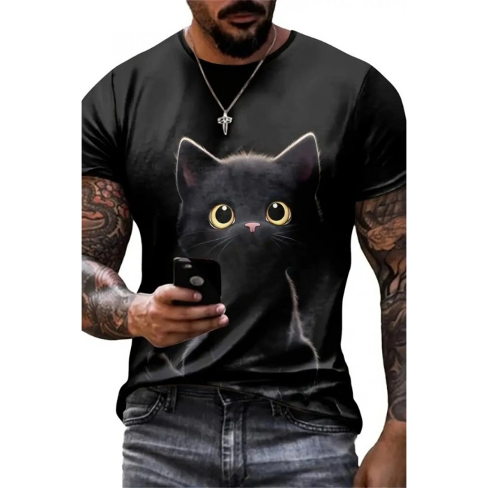 Erkek Bisiklet Yaka Kedi Baskılı Süprem T-shirt