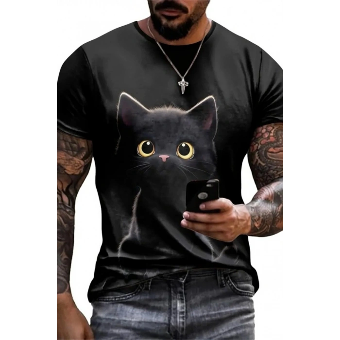 Erkek Bisiklet Yaka Kedi Baskılı Süprem T-shirt