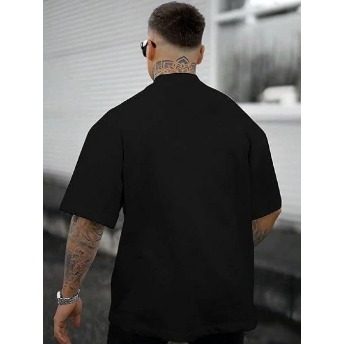 Erkek Bisiklet Yaka Kısa Kol Baskılı T-shirt - Siyah