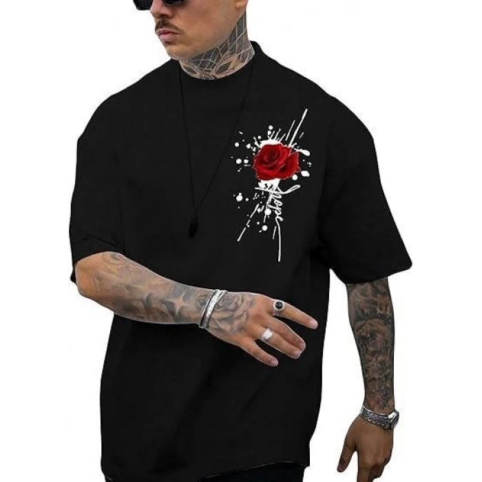 Erkek Bisiklet Yaka Kısa Kol Baskılı T-shirt - Siyah