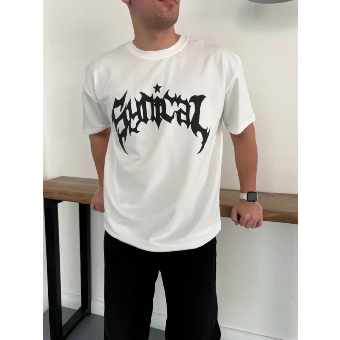 Erkek Bisiklet Yaka Ön Baskılı Kısa Kollu Tişört Streetwear Günlük Basic Pamuklu T-shirt - Beyaz