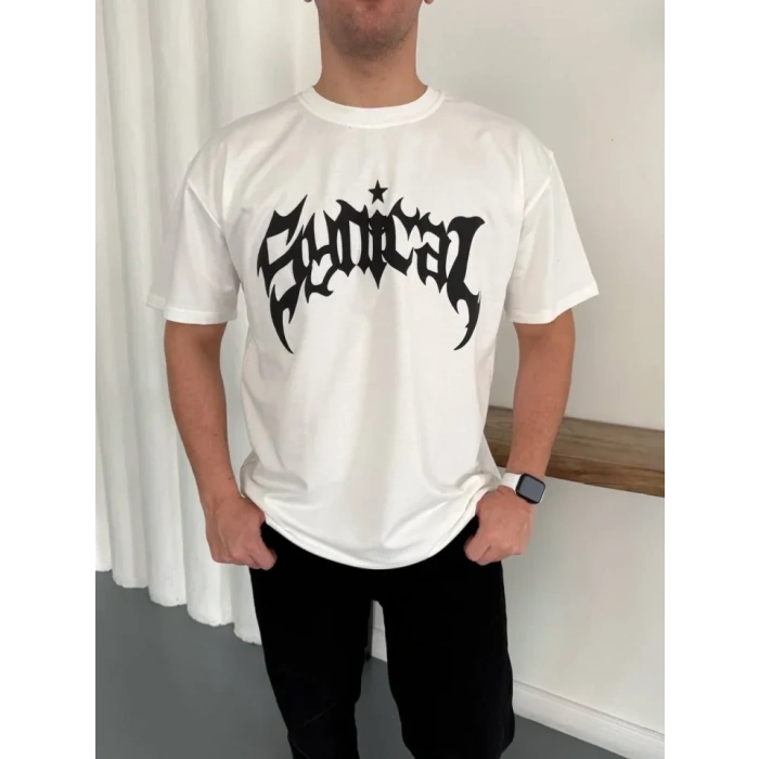 Erkek Bisiklet Yaka Ön Baskılı Kısa Kollu Tişört Streetwear Günlük Basic Pamuklu T-shirt - Beyaz