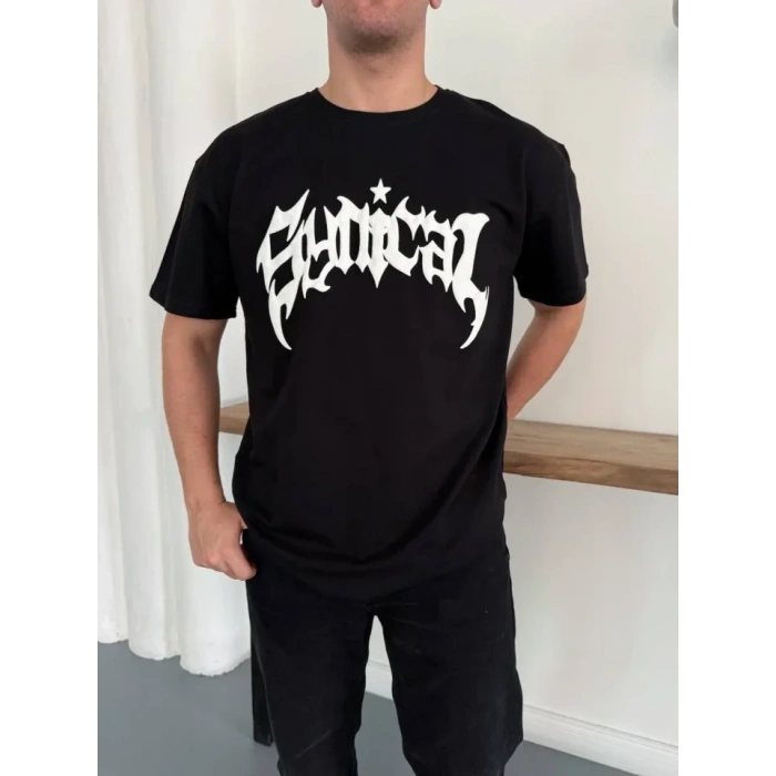 Erkek Bisiklet Yaka Ön Baskılı  Kısa Kollu Tişört Streetwear Günlük Basic Pamuklu T-shirt - Siyah