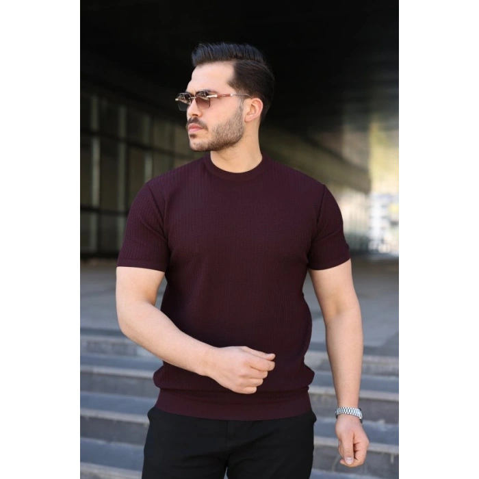 Erkek Bisiklet Yaka Petek Dokulu Kısa Kollu Triko Tişört