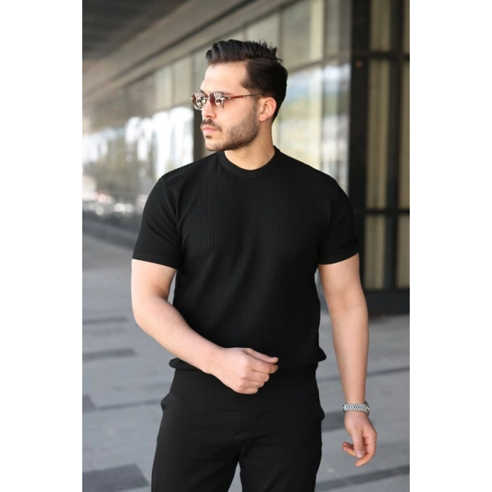 Erkek Bisiklet Yaka Petek Dokulu Kısa Kollu Triko Tişört