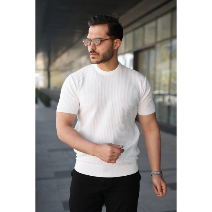 Erkek Bisiklet Yaka Petek Dokulu Kısa Kollu Triko Tişört