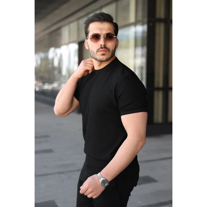 Erkek Bisiklet Yaka Petek Dokulu Kısa Kollu Triko Tişört