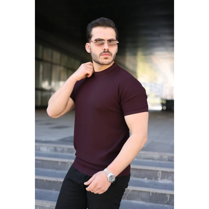 Erkek Bisiklet Yaka Petek Dokulu Kısa Kollu Triko Tişört