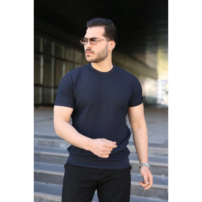 Erkek Bisiklet Yaka Petek Dokulu Kısa Kollu Triko Tişört