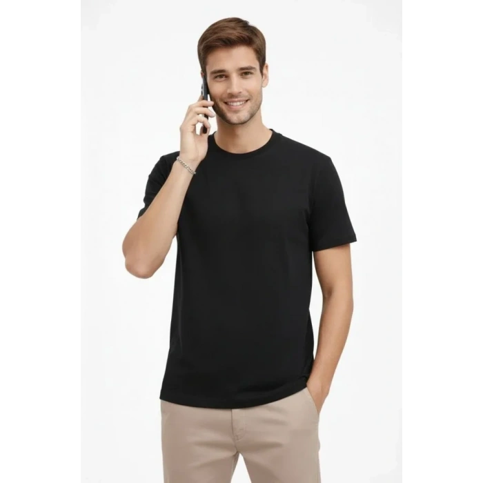 Erkek Bisiklet Yaka Tişört Regular Kalıp Basic Pamuklu Günlük Kullanım T-shirt - Siyah