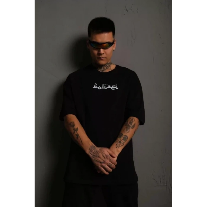 Erkek Bisiklet Yakalı Sırt Baskılı Oversize T-Shirt - Siyah