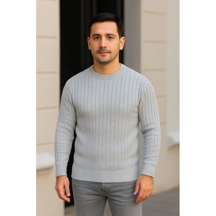 Erkek Bisiklet Yuvarlak Yaka Triko Kazak Pamuklu Kalın Fitilli Dokuma, Regular Fit Uzun Kollu Kışlık Model - Gri