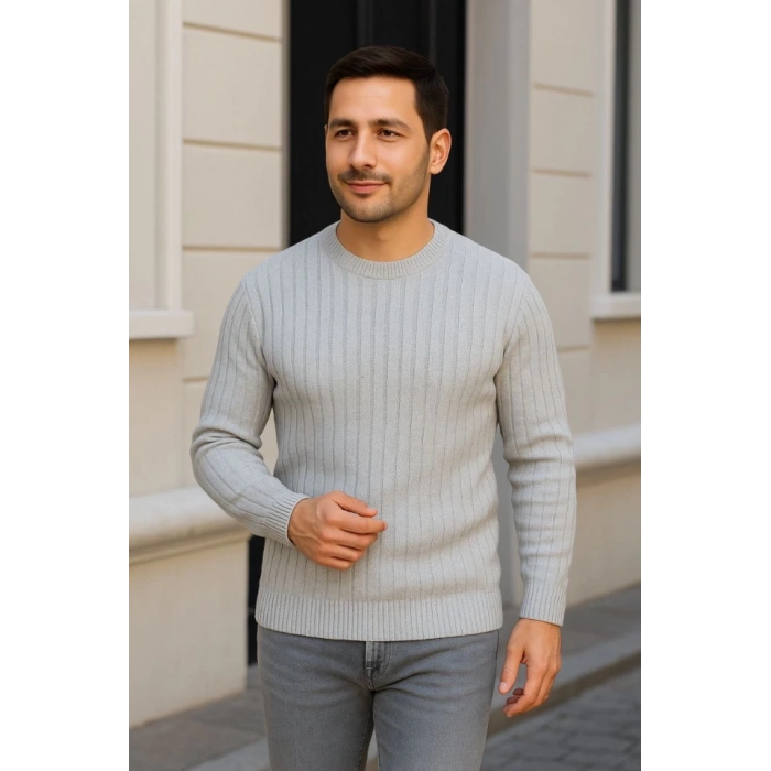 Erkek Bisiklet Yuvarlak Yaka Triko Kazak Pamuklu Kalın Fitilli Dokuma, Regular Fit Uzun Kollu Kışlık Model - Gri