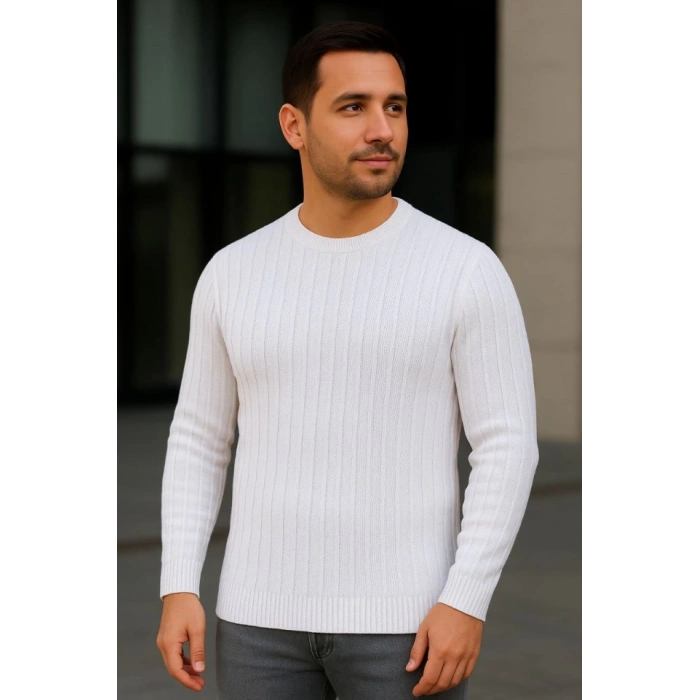 Erkek Bisiklet Yuvarlak Yaka Triko Kazak Pamuklu Kalın Fitilli Dokuma, Regular Fit Uzun Kollu Kışlık Model - Beyaz