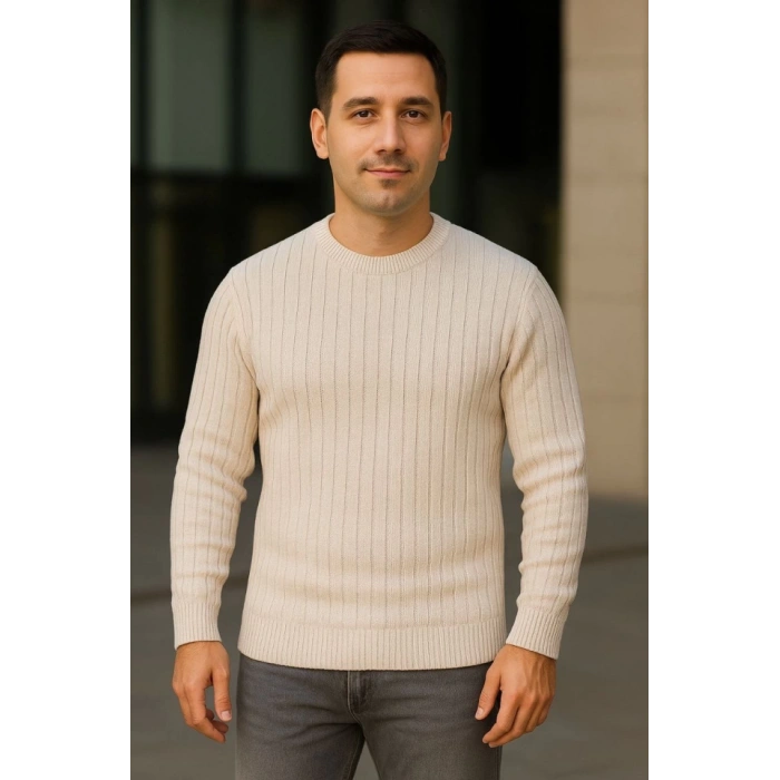 Erkek Bisiklet Yuvarlak Yaka Triko Kazak Pamuklu Kalın Fitilli Dokuma, Regular Fit Uzun Kollu Kışlık Model - Bej