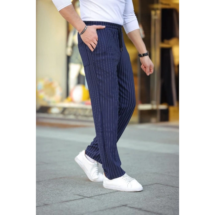 Erkek Cizgili Dokuma Krep Jogger Buggy Pantalon Rahat Kalıp - Lacivert