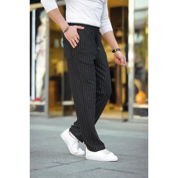 Erkek Cizgili Dokuma Krep Jogger Buggy Pantalon Rahat Kalıp - Siyah