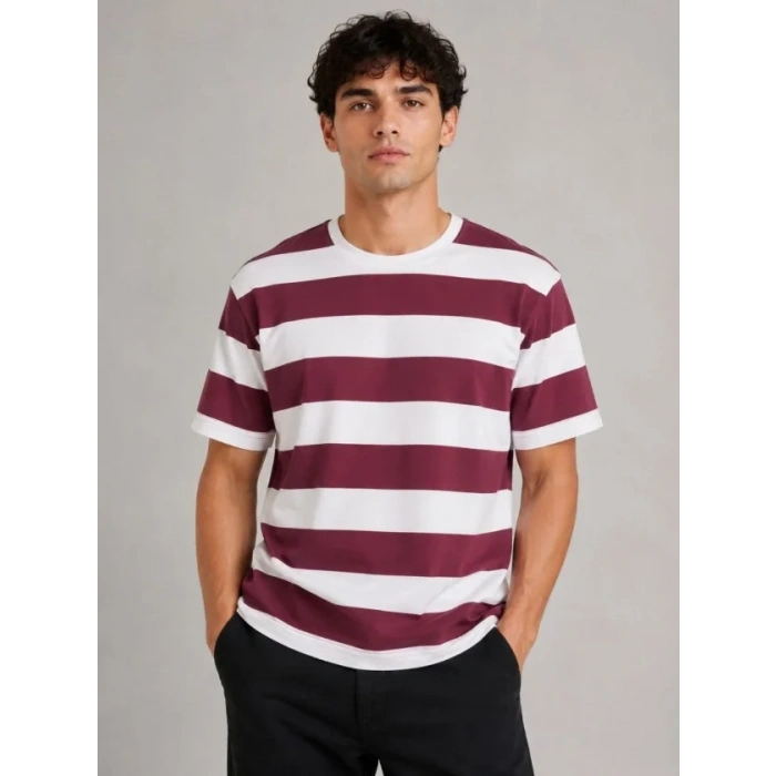 Erkek Çizgili Oversize Tişört Bisiklet Yaka Kısa Kol Yazlık T-Shirt - Bordo