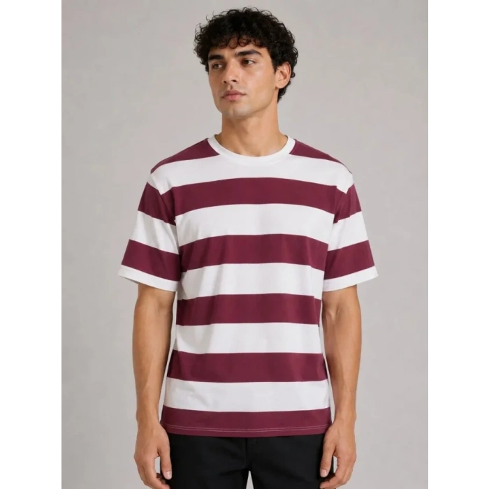 Erkek Çizgili Oversize Tişört Bisiklet Yaka Kısa Kol Yazlık T-Shirt - Bordo