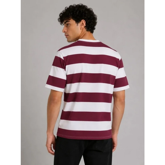 Erkek Çizgili Oversize Tişört Bisiklet Yaka Kısa Kol Yazlık T-Shirt - Bordo