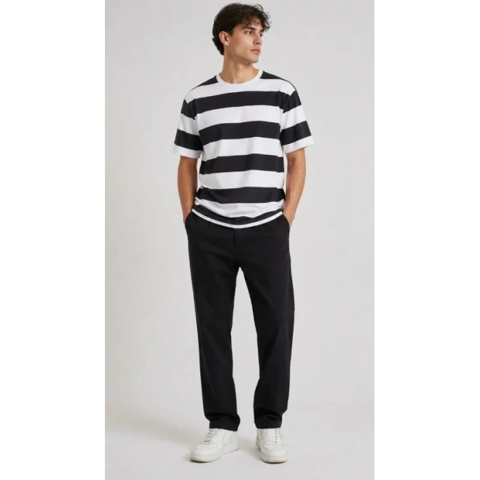 Erkek Çizgili Oversize Tişört Bisiklet Yaka Kısa Kol Yazlık T-Shirt - Siyah