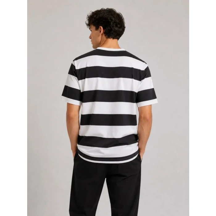 Erkek Çizgili Oversize Tişört Bisiklet Yaka Kısa Kol Yazlık T-Shirt - Siyah