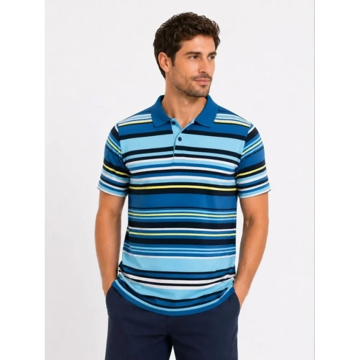 Erkek Çizgili Polo Yaka Tişört Kısa Kol Yazlık T-Shirt Regular Fit - Mavi