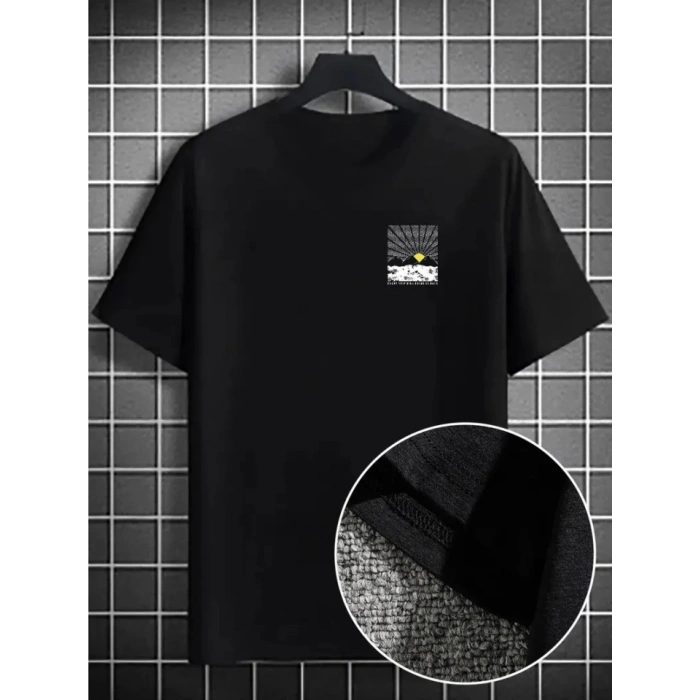 Erkek Dağ Grafikli Tişört, Yaz Için Büyük Beden Rahat T-shirt - Siyah