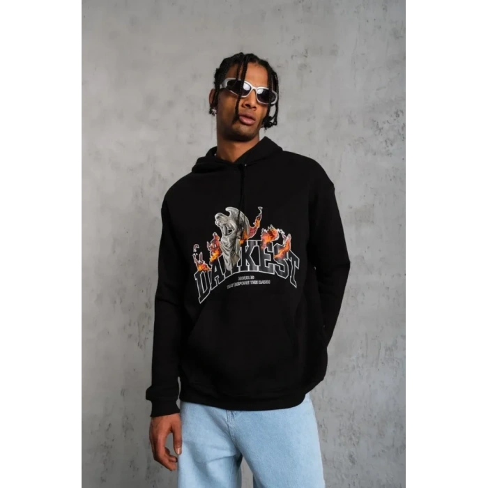 Erkek DANKES Baskılı Kapüşonlu Sweat - Siyah
