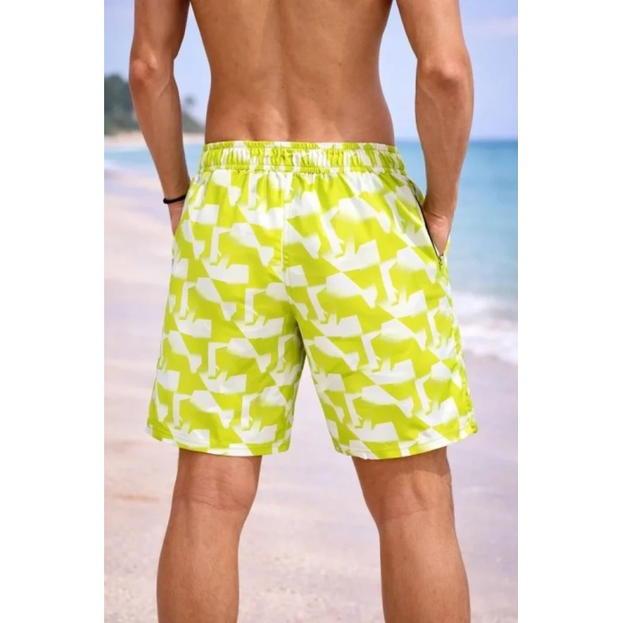 Erkek Deniz Şortu Fermuarlı Cepli File Astarlı Hızlı Kuruyan Premium - Sarı