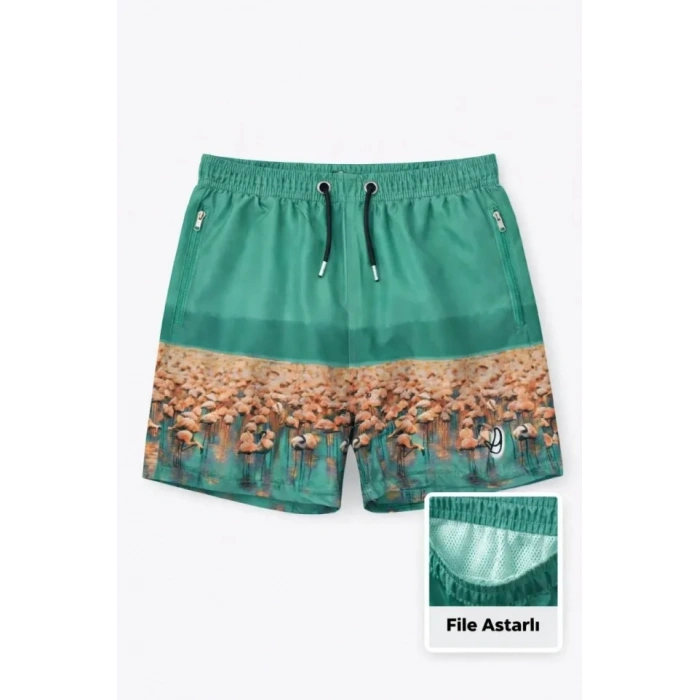 Erkek Deniz Şortu Fermuarlı Cepli File Astarlı Hızlı Kuruyan Premium - Su Yeşili