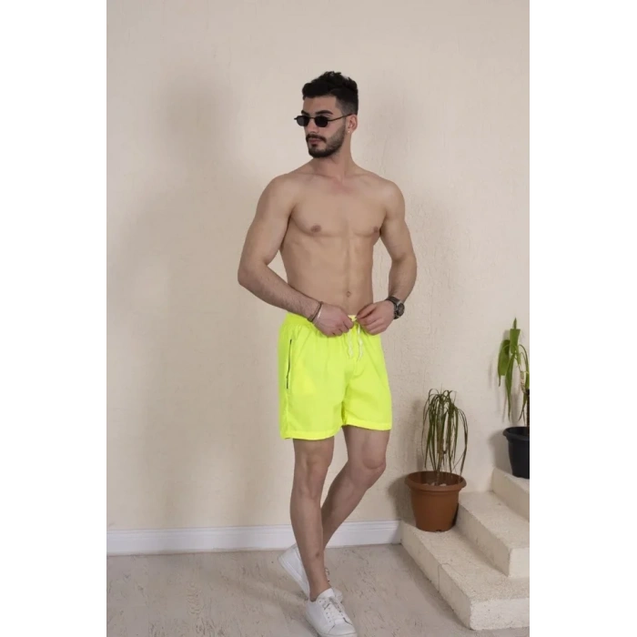 Erkek Deniz Şortu Fermuarlı Cepli File Astarlı - Neon Yeşili