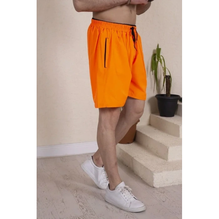 Erkek Deniz Şortu Fermuarlı Cepli File Astarlı - Turuncu