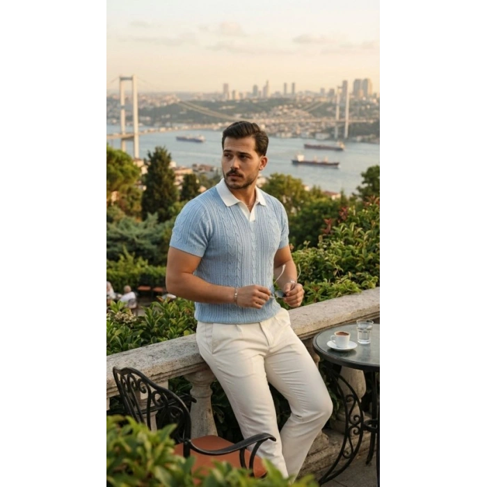 Erkek Desenli Kısa Kollu Triko Tişört - %100 Pamuk Akrilik