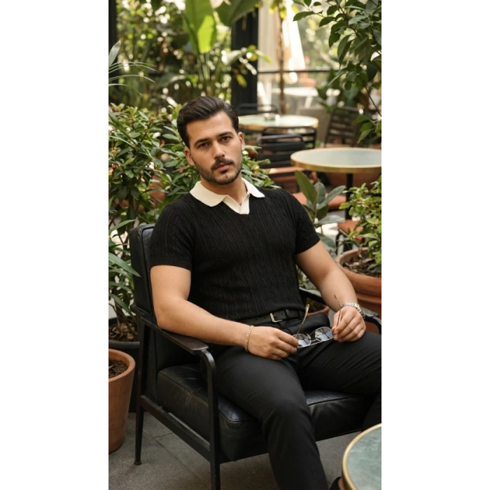 Erkek Desenli Kısa Kollu Triko Tişört - %100 Pamuk Akrilik