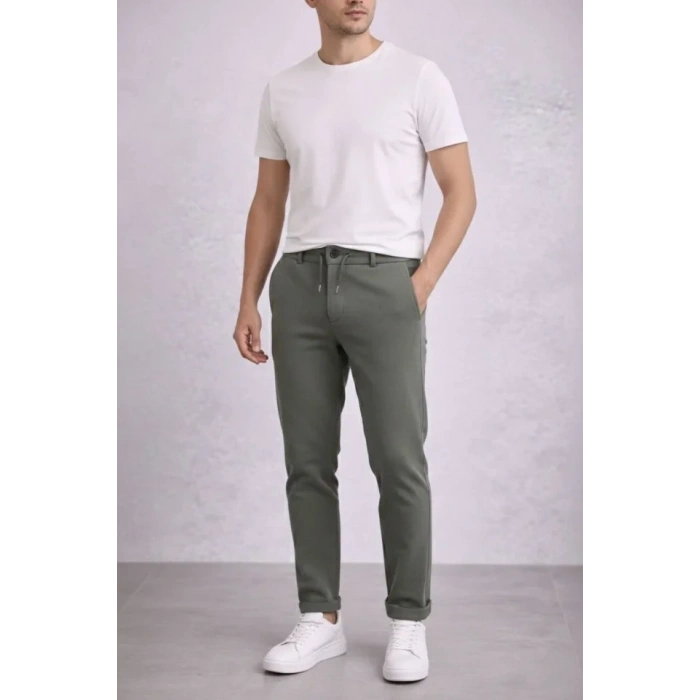 Erkek Diagonel Mikro Dokulu Duble Paça Cepli Pantolon Bağcıklı Bel, Modern Kesim - Haki