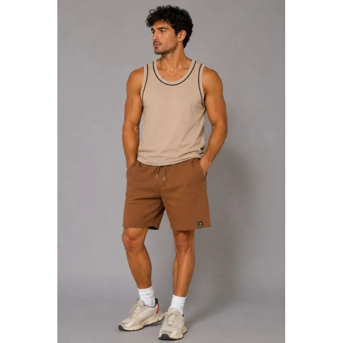 Erkek Dokuma Kumaş Cepli Bağcıklı Regular Fit Yazlık Şort - Kahverengi