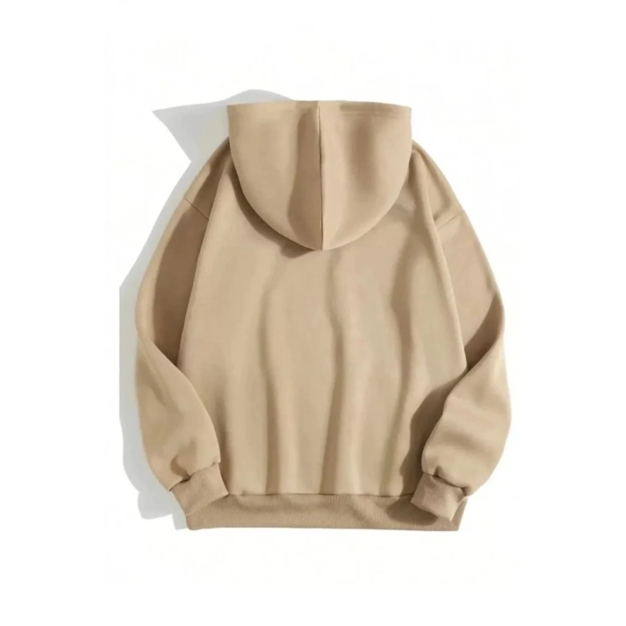 Erkek Düz Kapüşonlu Sweat - Bej
