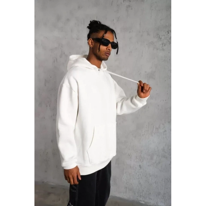 Erkek Düz Kapüşonlu Sweat - Beyaz