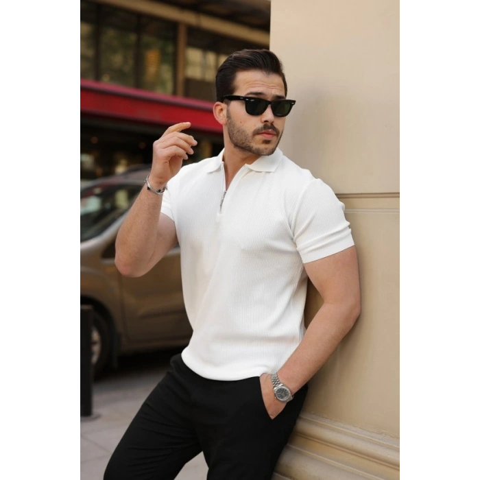 Erkek Fermuarlı Yakalı Kısa Kollu Tshirt