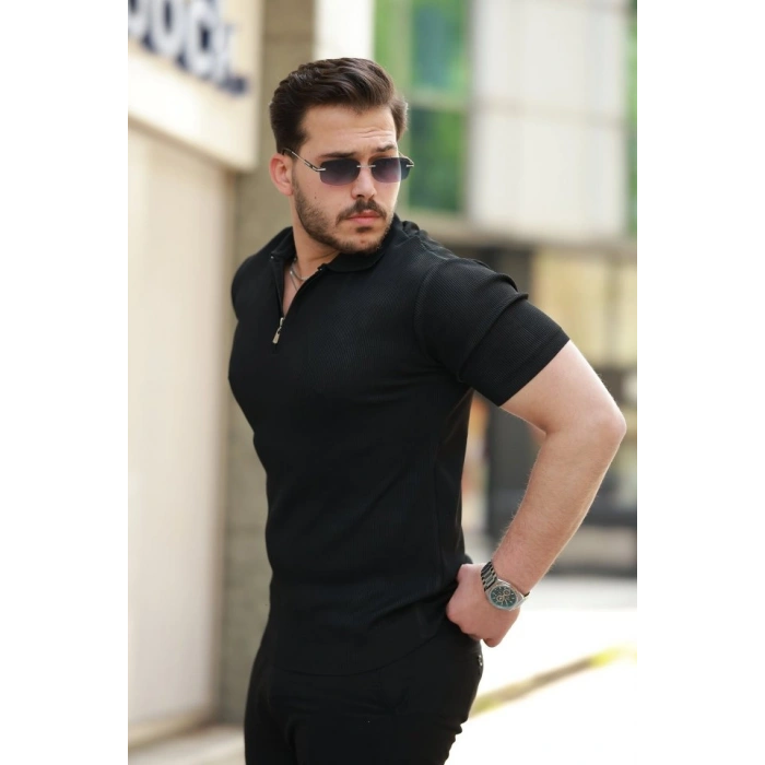 Erkek Fermuarlı Yakalı Kısa Kollu Tshirt
