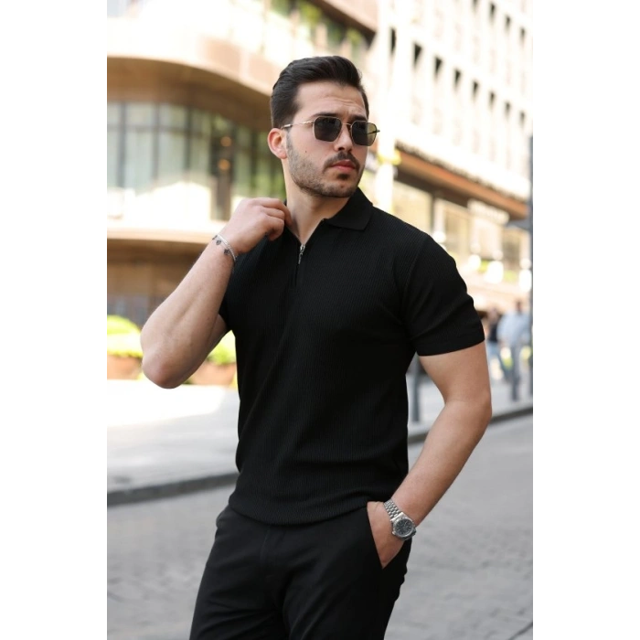 Erkek Fermuarlı Yakalı Kısa Kollu Tshirt
