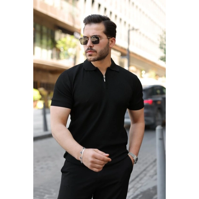 Erkek Fermuarlı Yakalı Kısa Kollu Tshirt