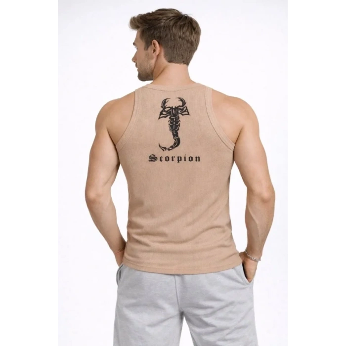 Erkek Fitilli Atlet Sıfır Yaka Slim Fit Arka Baskılı Spor Atlet - Bej