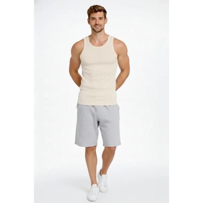 Erkek Fitilli Atlet Sıfır Yaka Slim Fit Arka Baskılı Spor Atlet - Krem