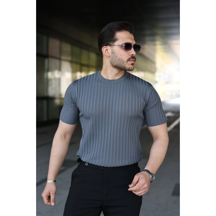 Erkek Fitilli Bisiklet Yaka Kısa Kollu Tişört